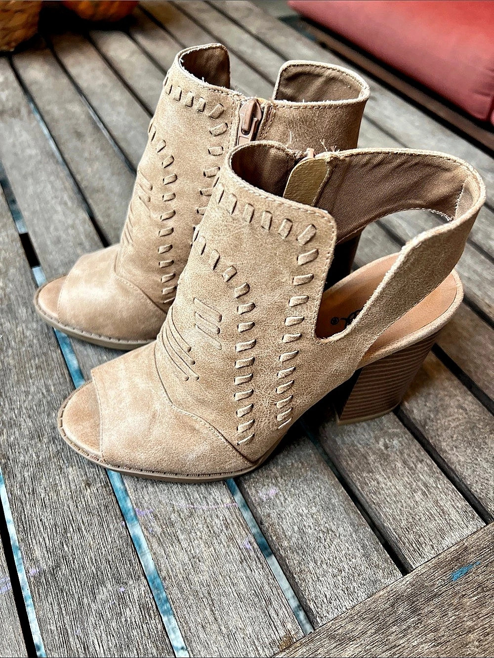 Qupid Peep Toe Heeled Booties in Beige